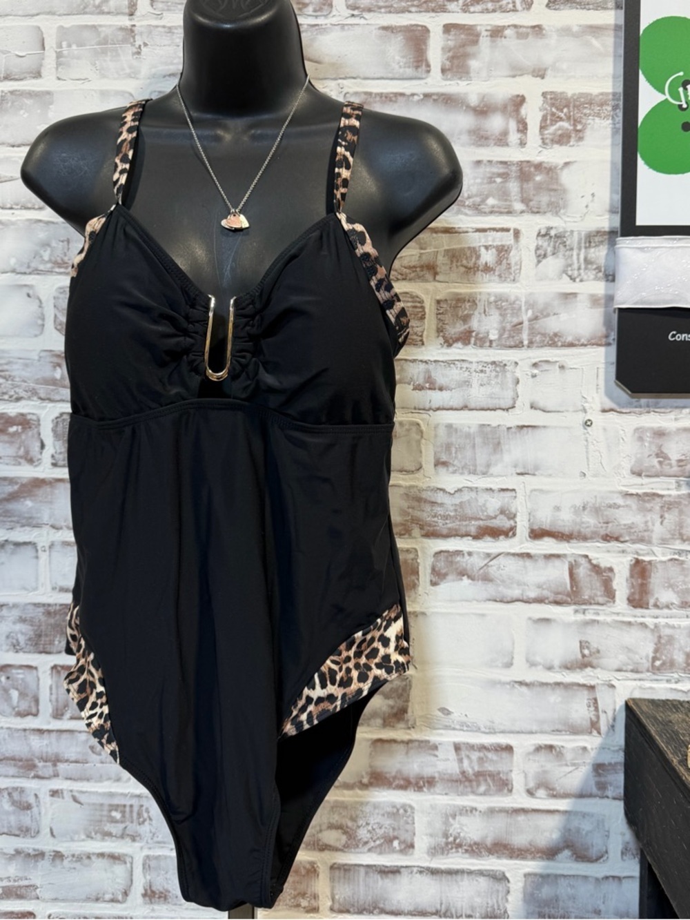 Black One-Piece Swimsuit with Leopard Trim